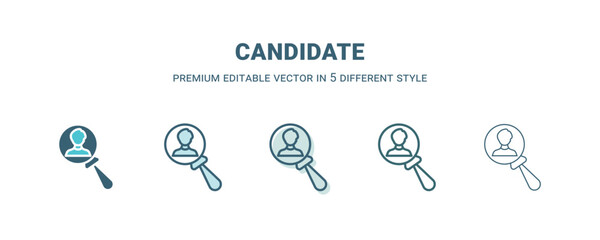 candidate icon in 5 different style. Outline, filled, two color, thin candidate icon isolated on white background. Editable vector can be used web and mobile
