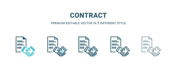 contract icon in 5 different style. Outline, filled, two color, thin contract icon isolated on white background. Editable vector can be used web and mobile