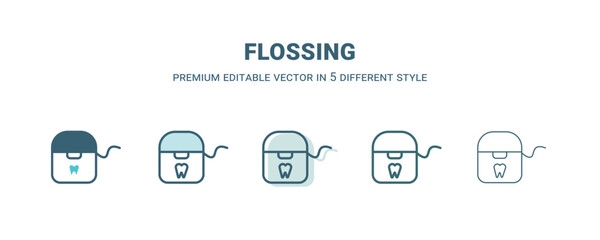 flossing icon in 5 different style. Outline, filled, two color, thin flossing icon isolated on white background. Editable vector can be used web and mobile