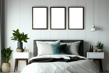 Frame mockup in modern bedroom with empty poster frame. Ai generative