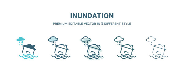 inundation icon in 5 different style. Outline, filled, two color, thin inundation icon isolated on white background. Editable vector can be used web and mobile