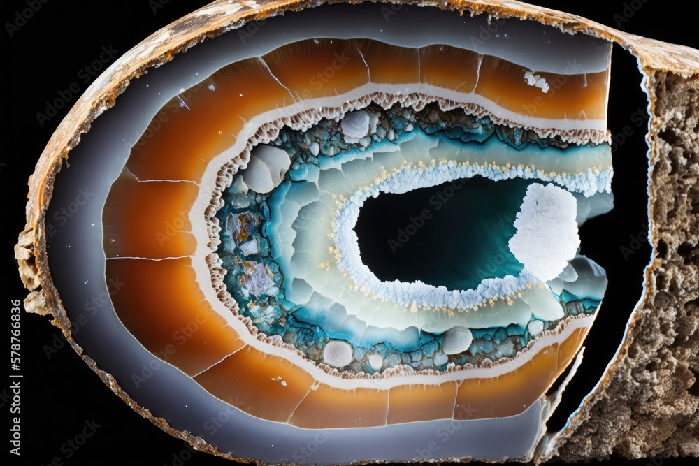 Poster detail macro slice cross section of a brazilian thunder egg geode agate. generative ai
