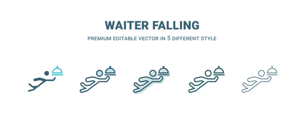 waiter falling icon in 5 different style. Outline, filled, two color, thin waiter falling icon isolated on white background. Editable vector can be used web and mobile