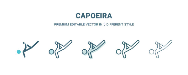 capoeira icon in 5 different style. Outline, filled, two color, thin capoeira icon isolated on white background. Editable vector can be used web and mobile