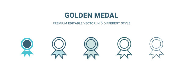golden medal icon in 5 different style. Outline, filled, two color, thin golden medal icon isolated on white background. Editable vector can be used web and mobile