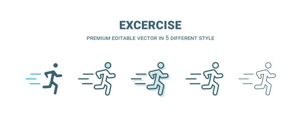 excercise icon in 5 different style. Outline, filled, two color, thin excercise icon isolated on white background. Editable vector can be used web and mobile