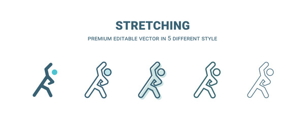 stretching icon in 5 different style. Outline, filled, two color, thin stretching icon isolated on white background. Editable vector can be used web and mobile