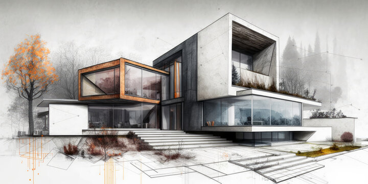 Sketch of luxury modern villa, International Modernism architecture
