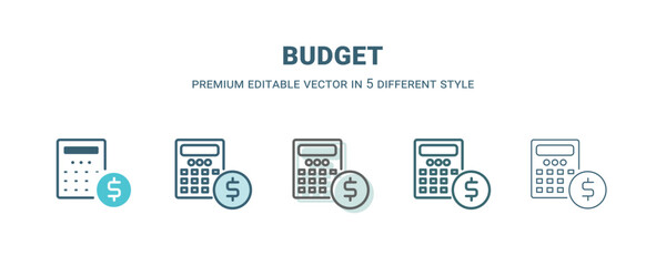 budget icon in 5 different style. Outline, filled, two color, thin budget icon isolated on white background. Editable vector can be used web and mobile