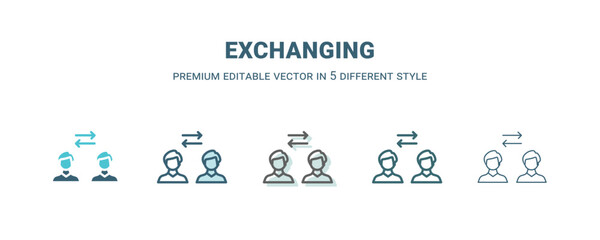 exchanging icon in 5 different style. Outline, filled, two color, thin exchanging icon isolated on white background. Editable vector can be used web and mobile