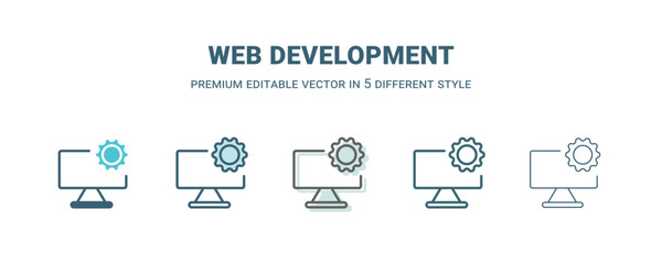 web development icon in 5 different style. Outline, filled, two color, thin web development icon isolated on white background. Editable vector can be used web and mobile