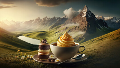 Cup of coffee with dessert on background of picturesque Alpine landscape. Based on Generative AI - obrazy, fototapety, plakaty