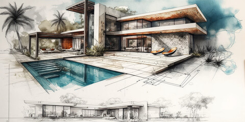 Sketch of luxury modern pool villa, International Modernism architecture