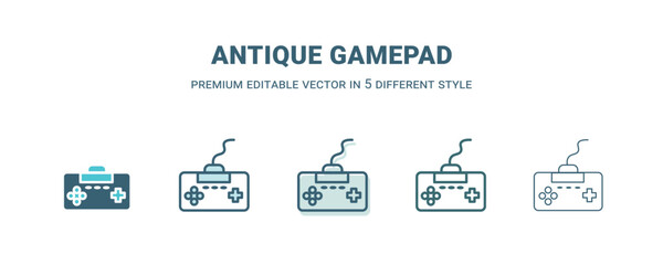 antique gamepad icon in 5 different style. Outline, filled, two color, thin antique gamepad icon isolated on white background. Editable vector can be used web and mobile