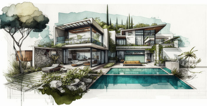 Sketch of luxury modern pool villa, International Modernism architecture