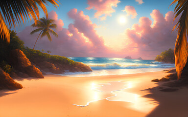 Panoramische Strandlandschaft, tropische Strandlandschaft. Orange und goldener Sonnenuntergang.