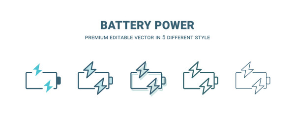 battery power icon in 5 different style. Outline, filled, two color, thin battery power icon isolated on white background. Editable vector can be used web and mobile