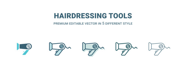hairdressing tools icon in 5 different style. Outline, filled, two color, thin hairdressing tools icon isolated on white background. Editable vector can be used web and mobile