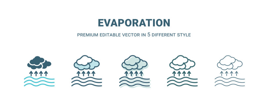 evaporation icon in 5 different style. Outline, filled, two color, thin evaporation icon isolated on white background. Editable vector can be used web and mobile