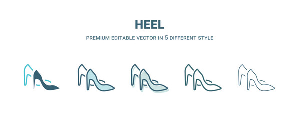heel icon in 5 different style. Outline, filled, two color, thin heel icon isolated on white background. Editable vector can be used web and mobile