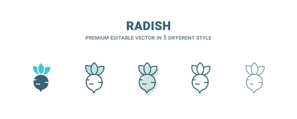 Obraz premium radish icon in 5 different style. Outline, filled, two color, thin radish icon isolated on white background. Editable vector can be used web and mobile
