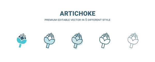 artichoke icon in 5 different style. Outline, filled, two color, thin artichoke icon isolated on white background. Editable vector can be used web and mobile