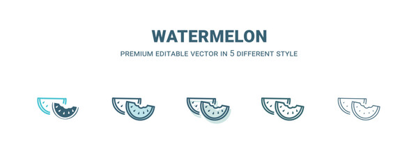 watermelon icon in 5 different style. Outline, filled, two color, thin watermelon icon isolated on white background. Editable vector can be used web and mobile