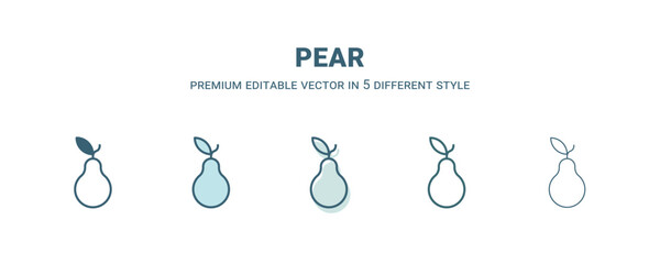 pear icon in 5 different style. Outline, filled, two color, thin pear icon isolated on white background. Editable vector can be used web and mobile