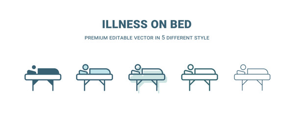 illness on bed icon in 5 different style. Outline, filled, two color, thin illness on bed icon isolated on white background. Editable vector can be used web and mobile