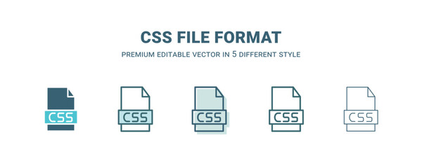 css file format icon in 5 different style. Outline, filled, two color, thin css file format icon isolated on white background. Editable vector can be used web and mobile