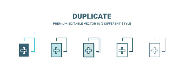 duplicate icon in 5 different style. Outline, filled, two color, thin duplicate icon isolated on white background. Editable vector can be used web and mobile
