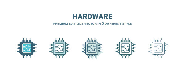 hardware icon in 5 different style. Outline, filled, two color, thin hardware icon isolated on white background. Editable vector can be used web and mobile