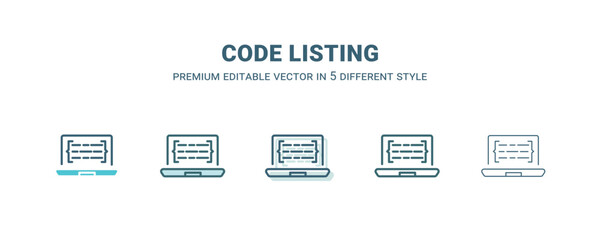code listing icon in 5 different style. Outline, filled, two color, thin code listing icon isolated on white background. Editable vector can be used web and mobile