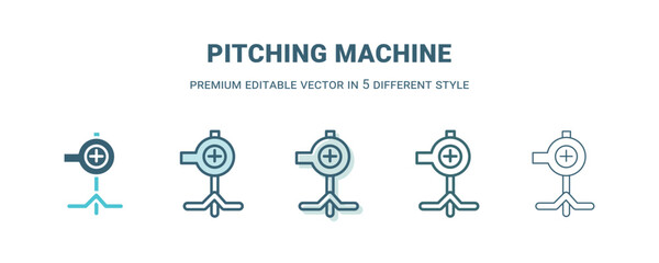 pitching machine icon in 5 different style. Outline, filled, two color, thin pitching machine icon isolated on white background. Editable vector can be used web and mobile