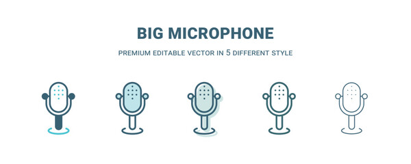 big microphone icon in 5 different style. Outline, filled, two color, thin big microphone icon isolated on white background. Editable vector can be used web and mobile