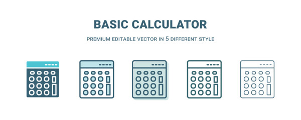 basic calculator icon in 5 different style. Outline, filled, two color, thin basic calculator icon isolated on white background. Editable vector can be used web and mobile