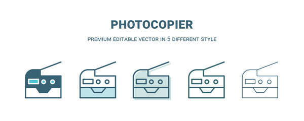 photocopier icon in 5 different style. Outline, filled, two color, thin photocopier icon isolated on white background. Editable vector can be used web and mobile