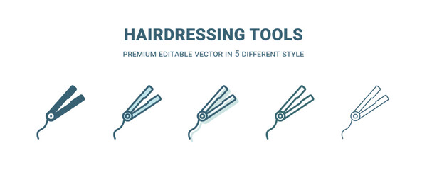 hairdressing tools icon in 5 different style. Outline, filled, two color, thin hairdressing tools icon isolated on white background. Editable vector can be used web and mobile