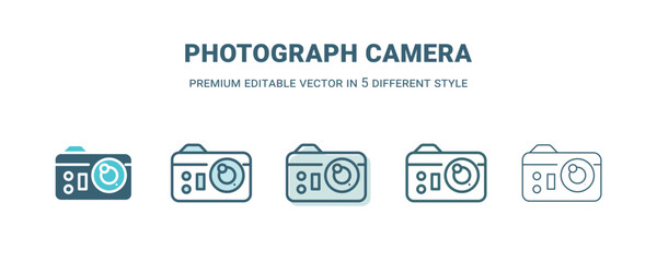 photograph camera icon in 5 different style. Outline, filled, two color, thin photograph camera icon isolated on white background. Editable vector can be used web and mobile