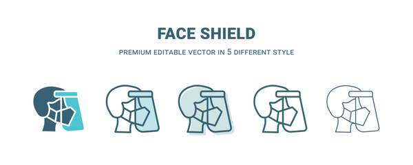 face shield icon in 5 different style. Outline, filled, two color, thin face shield icon isolated on white background. Editable vector can be used web and mobile