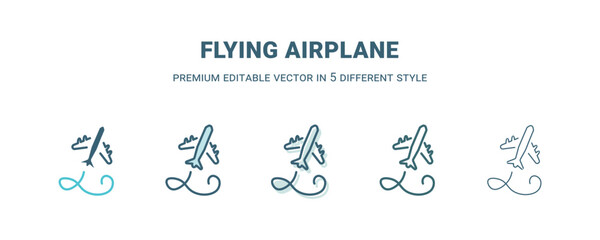 flying airplane icon in 5 different style. Outline, filled, two color, thin flying airplane icon isolated on white background. Editable vector can be used web and mobile