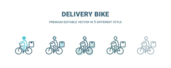 delivery bike icon in 5 different style. Outline, filled, two color, thin delivery bike icon isolated on white background. Editable vector can be used web and mobile