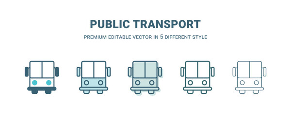 public transport icon in 5 different style. Outline, filled, two color, thin public transport icon isolated on white background. Editable vector can be used web and mobile