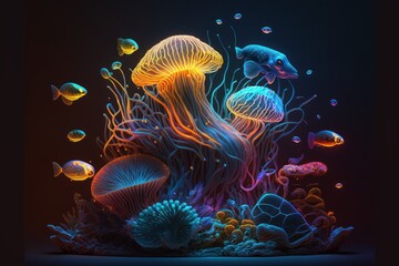 Abstract Jellyfish Coral Reef - Vibrant Neon Colors - Generative Ai Illustration 
