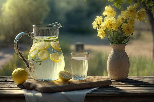 Beautiful Pitcher of Lemonade Outside with Summer Flowers (Generative AI)