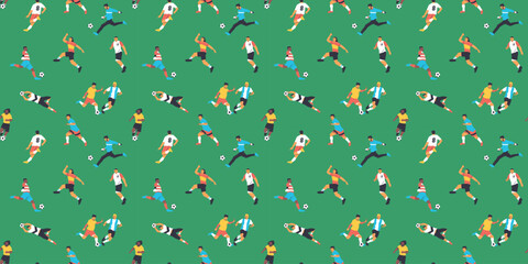 Diverse soccer player men athlete team seamless pattern. Colorful retro style football game male players print illustration. Includes foot ball kick pose, goalkeeper catch background. © Dedraw Studio