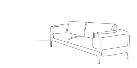 Continuous line drawing of sofa editable stroke. One line of interior Living room with modern furniture. Single line furniture. Hand draw contour of divan. Doodle vector illustration