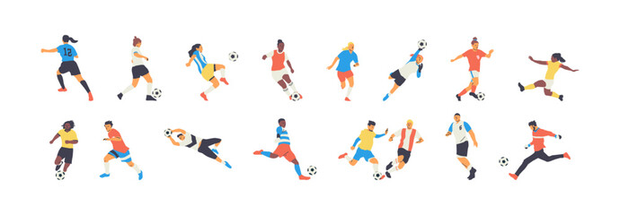 Fototapeta na wymiar Diverse soccer player people team set. Colorful retro style athlete group playing football game on isolated background. Men and women footballer character collection, sport illustration. 