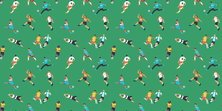 Diverse soccer player men athlete team seamless pattern. Colorful retro style football game male players print illustration. Includes foot ball kick pose, goalkeeper catch background.