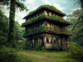 Obraz premium Old with plants overgrown ruins in the dense forest. Generative AI